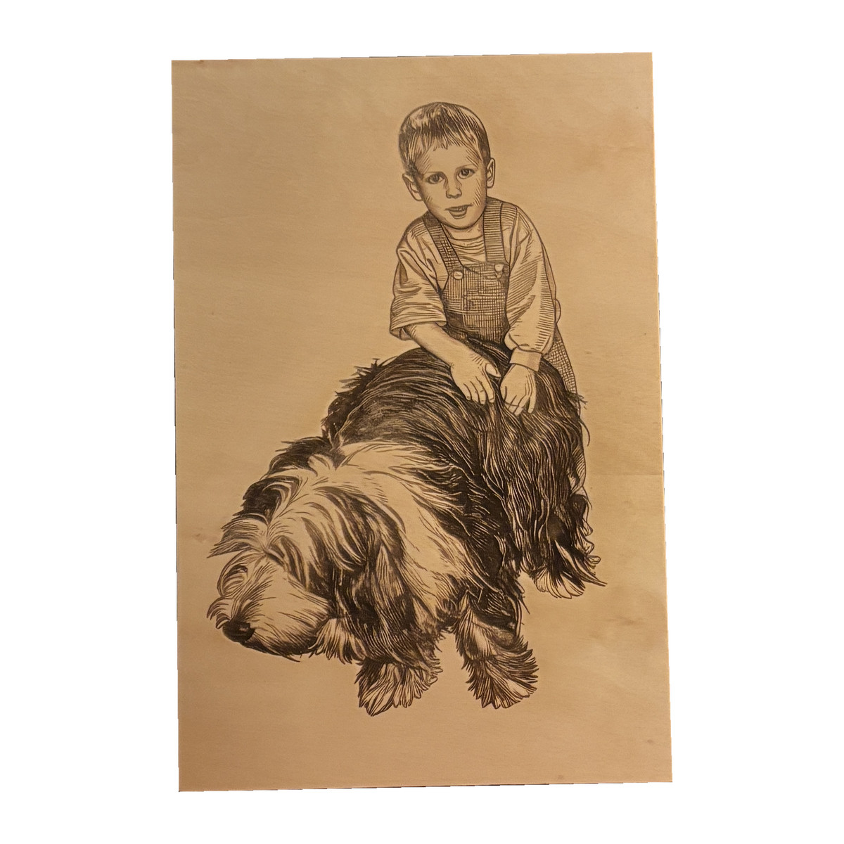 Foto von Kind und Hund als Gravur auf Holz – gut geeignetes Haustierfoto