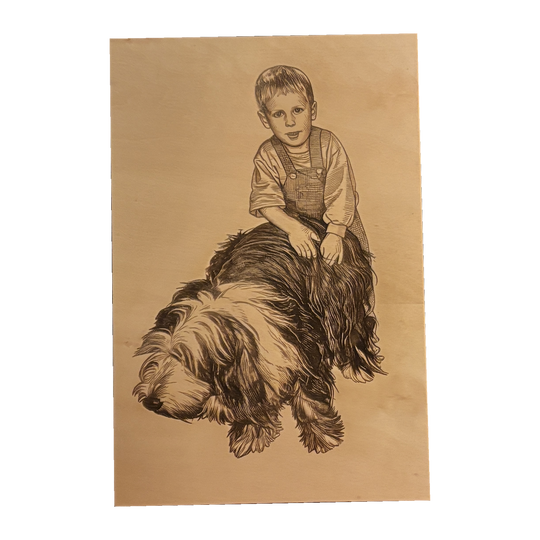 Foto von Kind und Hund als Gravur auf Holz – gut geeignetes Haustierfoto