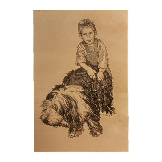 Kind sitzt auf einem Hund – Erinnerungsfoto als Gravur auf Holz, Nahaufnahme