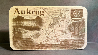 Gravur auf ein Buchenbrett selbstentworfenes Design auf Basis mehrerer Fotos der Landschaft unseres Heimatdorfes.