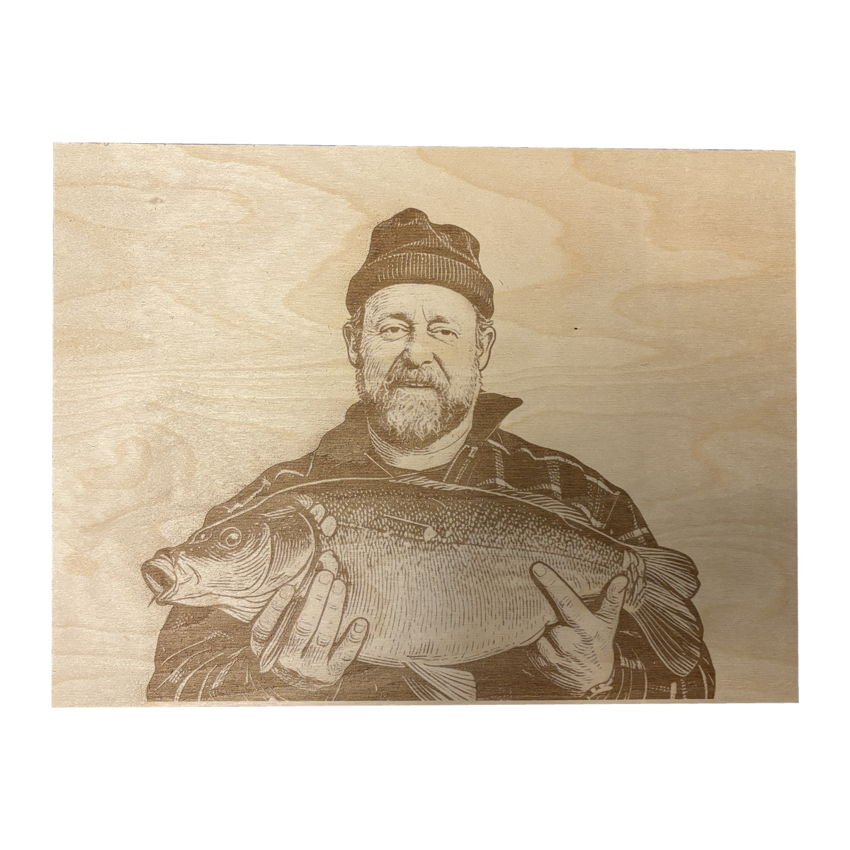 Holzbild 40 × 30 cm mit graviertem Motiv Angler: ein Angler mit seinem Karpfen
