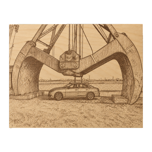 Auto am Hafenbagger auf Holztafel