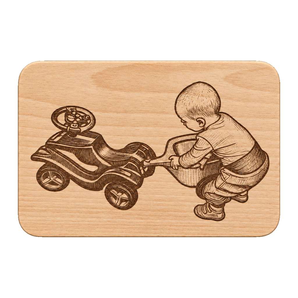 Frühstücksbrett aus Buche mit Fotogravur: Kleinkind schiebt ein Bobby-Car