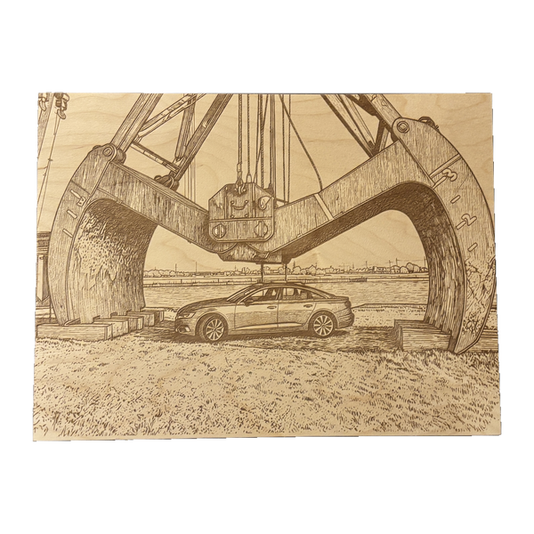 Auto am Hafenbagger auf Holzbild