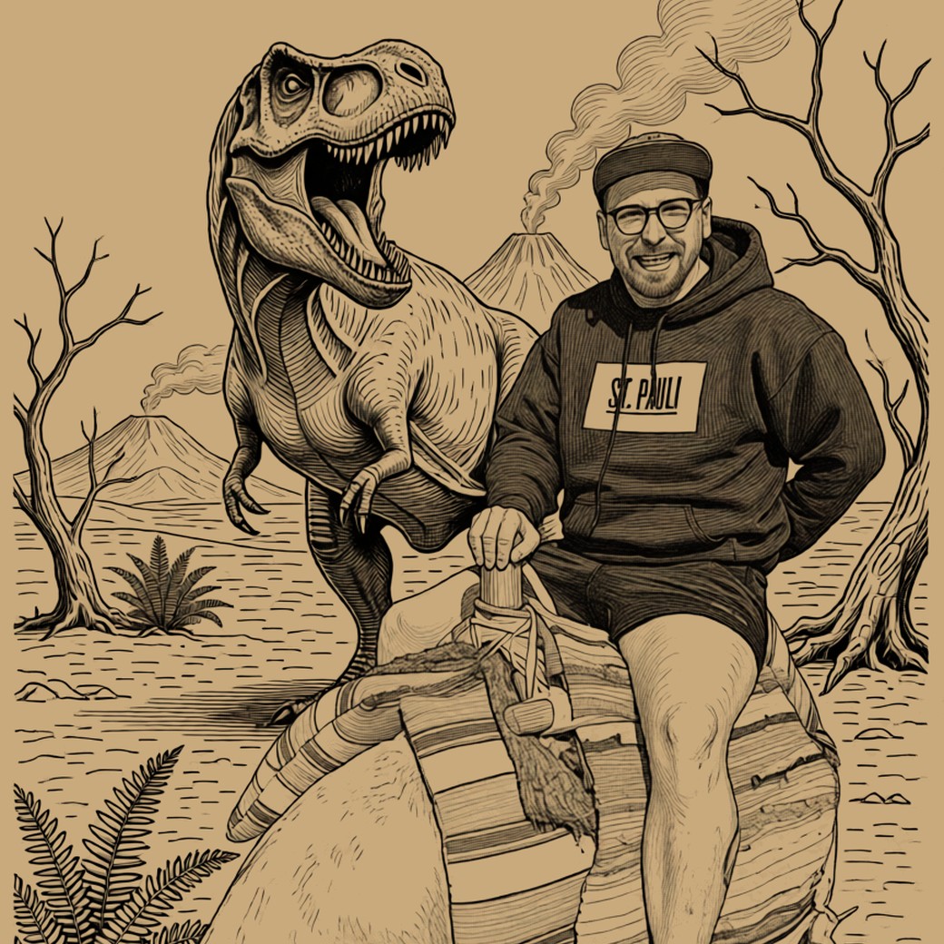 Gravurvorschau: derselbe Mann auf dem Kamel, daneben ein T-Rex, Vulkane und Farne