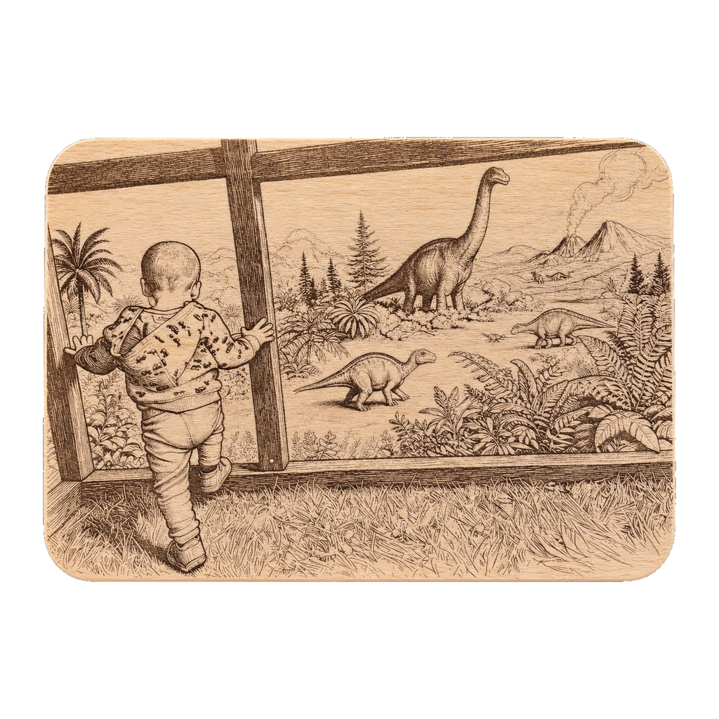 Frühstücksbrett aus Buche mit Dino-Szene: Kleinkind am Zaun blickt auf Dinosaurier und einen Vulkan – Hintergrund im Editor ersetzt