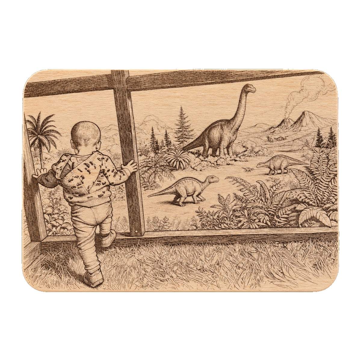 Frühstücksbrett aus Buche mit Dino-Szene: Kleinkind am Zaun blickt auf Dinosaurier und einen Vulkan – Hintergrund im Editor ersetzt