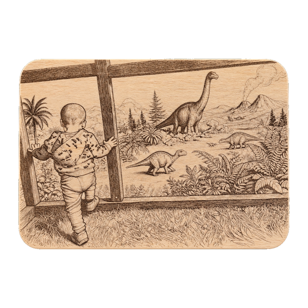 Kind am Dino-Fenster auf Holzbrett