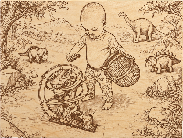 Kind spielt mit Autos Dinowelt Holzbild