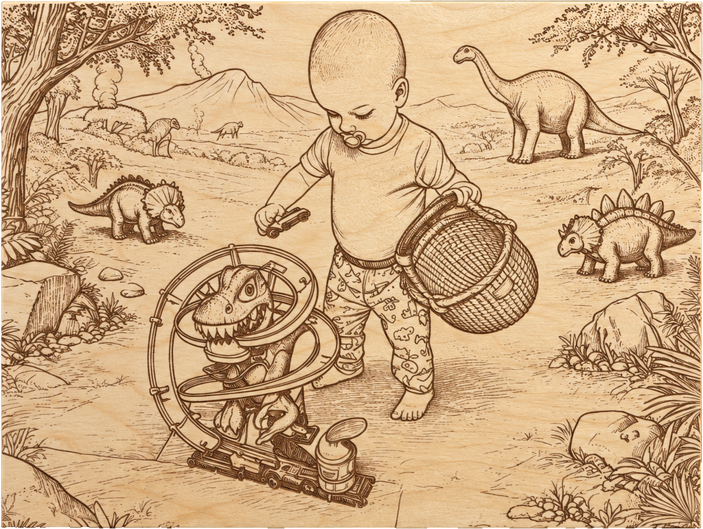 Holzbild 40 × 30 cm mit graviertem Motiv Kind in der Dinowelt: Kleinkind zwischen Dinosauriern
