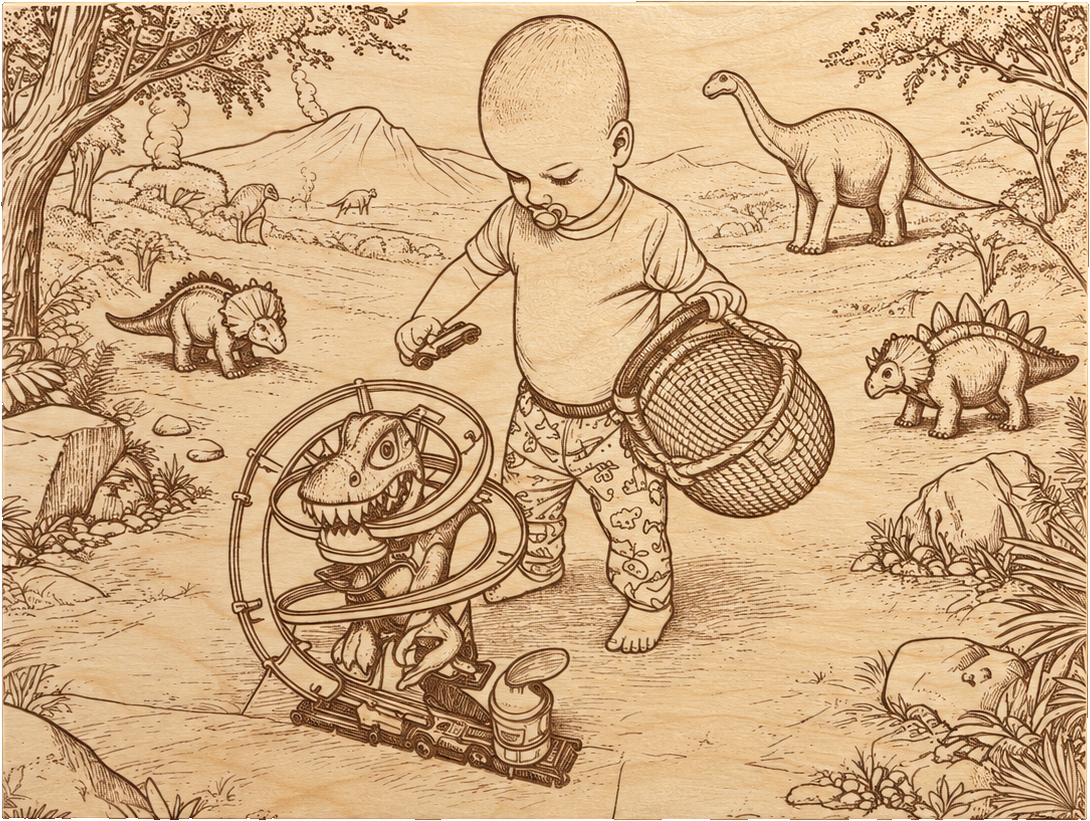Holzbild 40 × 30 cm mit graviertem Motiv Kind in der Dinowelt: Kleinkind zwischen Dinosauriern