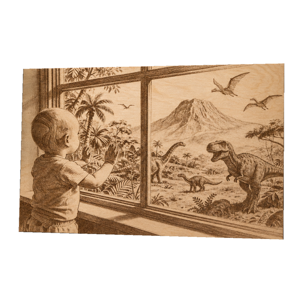 Holzbild 40 × 30 cm mit graviertem Motiv Kind am Dino-Fenster: Kind am Fenster, draußen T-Rex und Vulkan