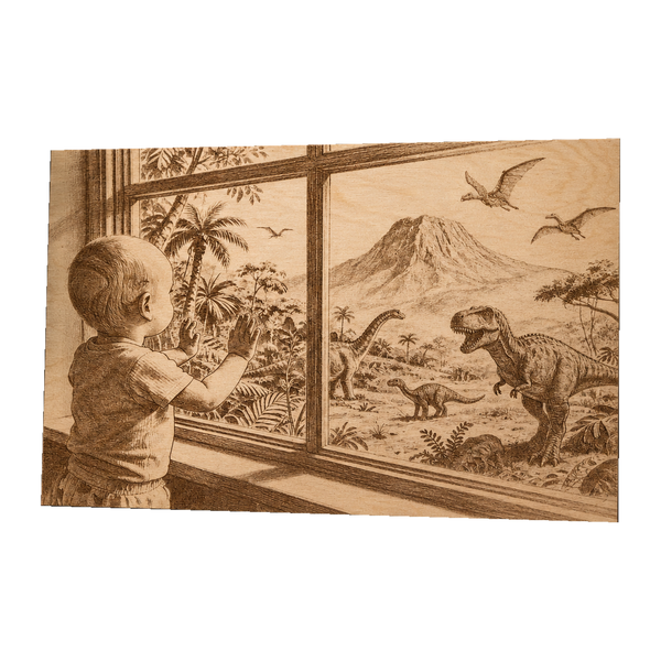Kind in der Dinowelt auf Holztafel