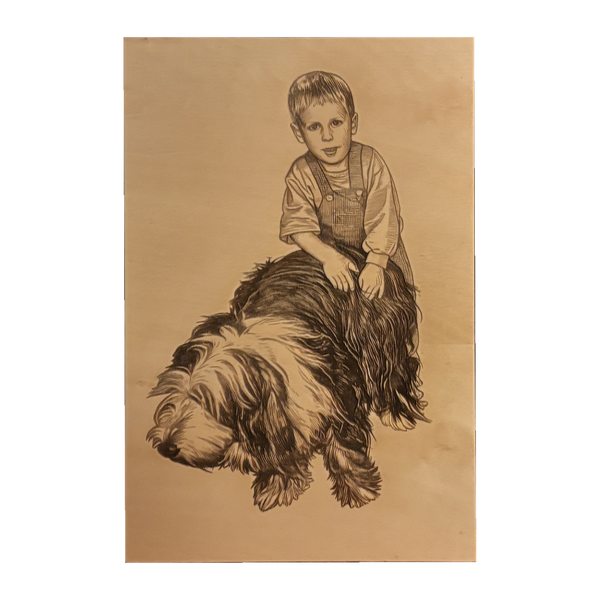 Kind und Hund auf Holzbild – Nahaufnahme