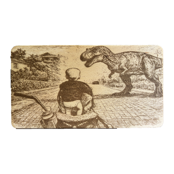 Kind und Tyrannosaurus auf Holzbrett