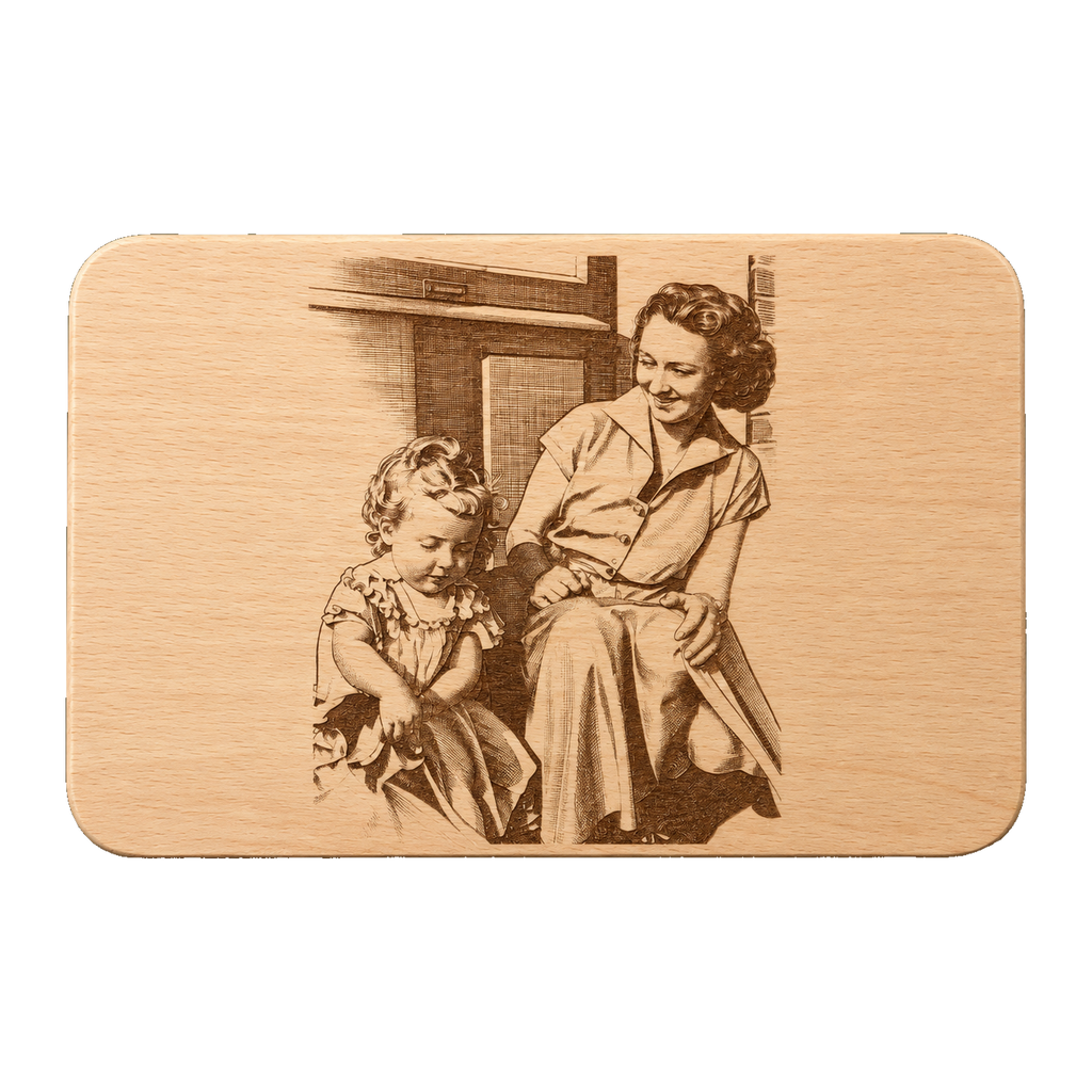 Frühstücksbrett aus Buche mit Gravur eines alten Familienfotos: Großmutter mit Kleinkind vor dem Haus