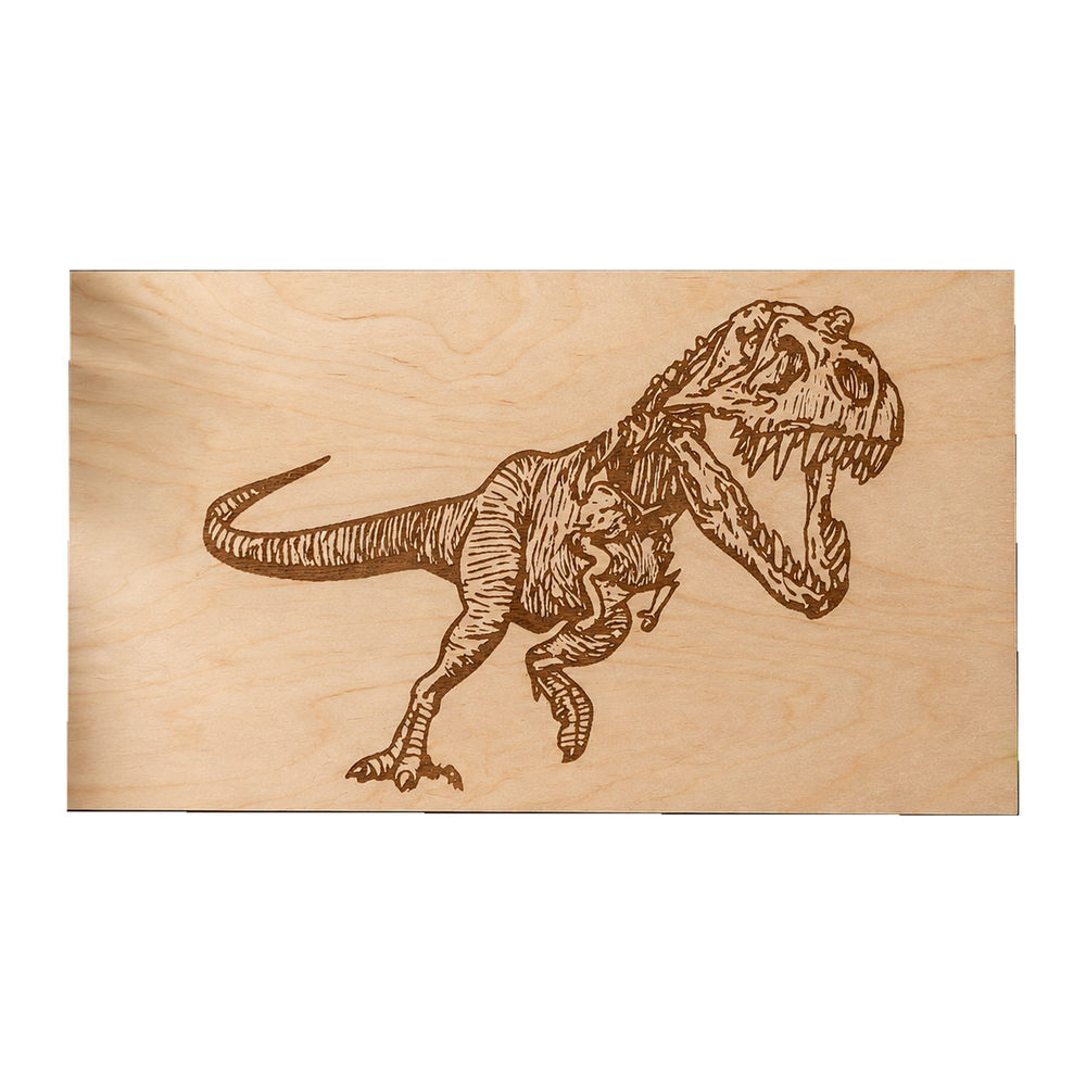 T-Rex Skelett Motiv auf Wandbild aus Buche
