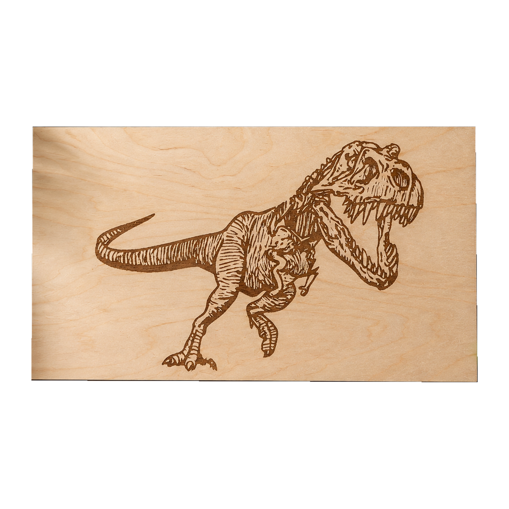 Holzbild aus Buche mit graviertem T-Rex-Skelett nach einer Tattoo-Vorlage
