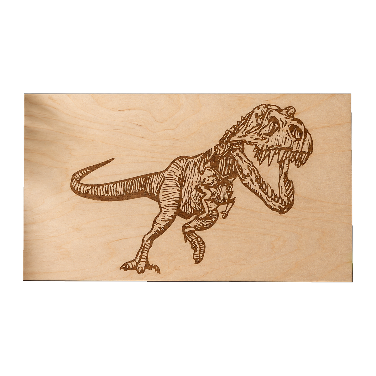 Holzbild aus Buche mit graviertem T-Rex-Skelett nach einer Tattoo-Vorlage