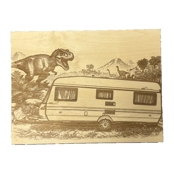 Wohnwagen in der Dinowelt auf Holzbild